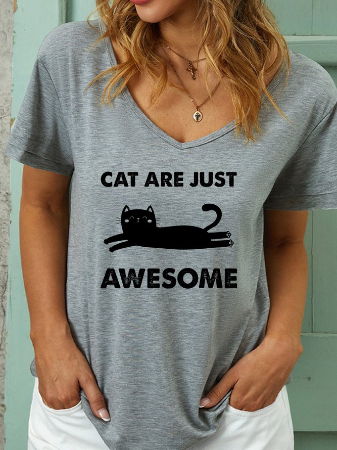 Lilicloth X Rajib Sheikh Cat Are Just Awesome Women's V Neck Casual Loose T-Shirt