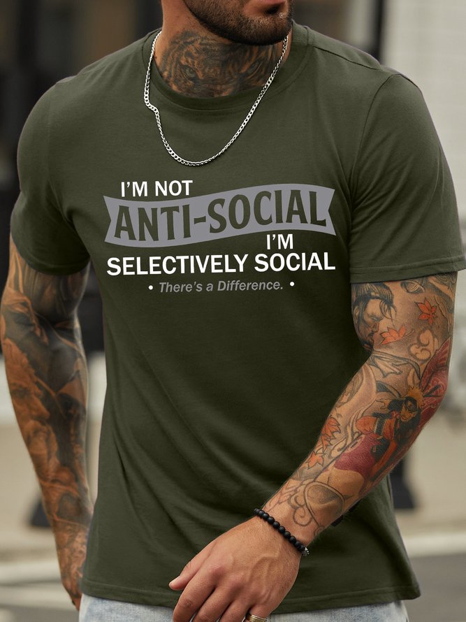 Men's I Am Selectively Social There's A Difference Funny Graphic Print Text Letters Cotton Casual T-Shirt