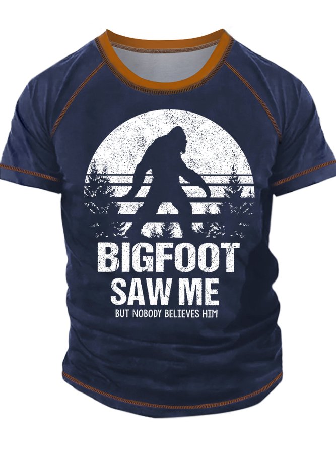 Men's Bigfoot Saw Me But Nobody Believes Him Funny Graphic Print Regular Fit Crew Neck Text Letters Casual T-Shirt