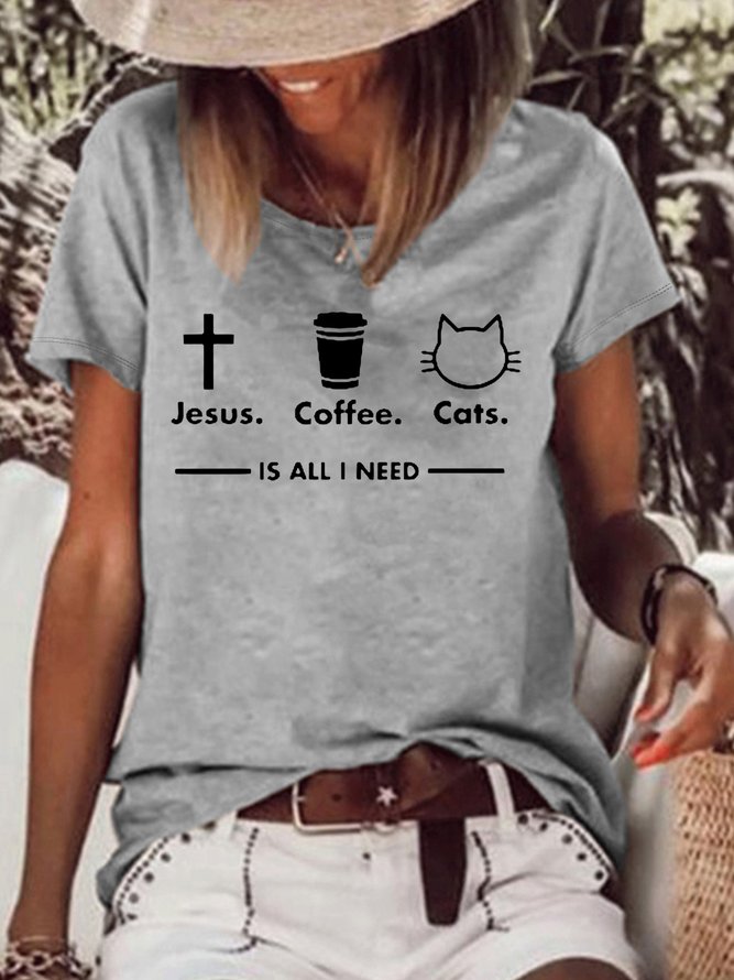 Women's Jesus Coffee Cat Is All I Need print Casual T-Shirt