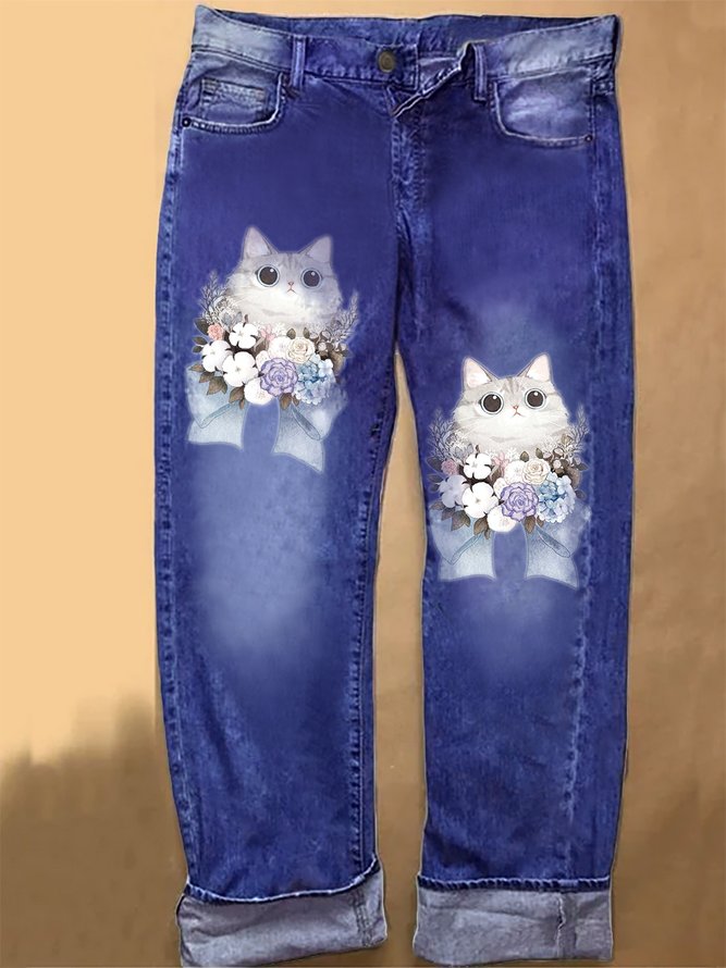 Womens Floral Cat Casual Printed Jeans