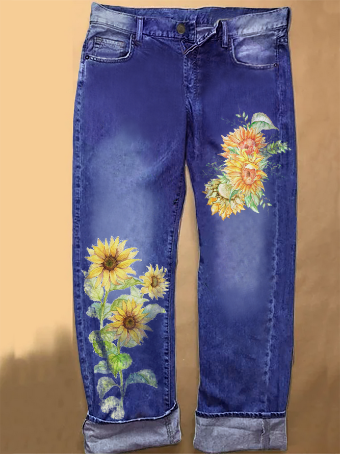 Womens Sunflower Butterfly Casual Printed Jeans
