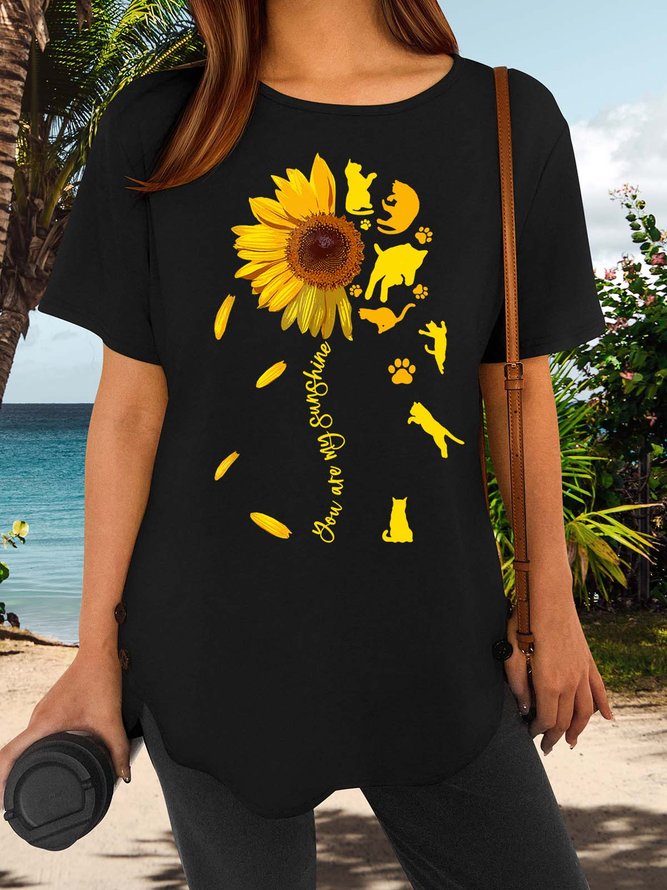 Women’s You Are My Sunshine Cats Loose Floral Casual Crew Neck T-Shirt