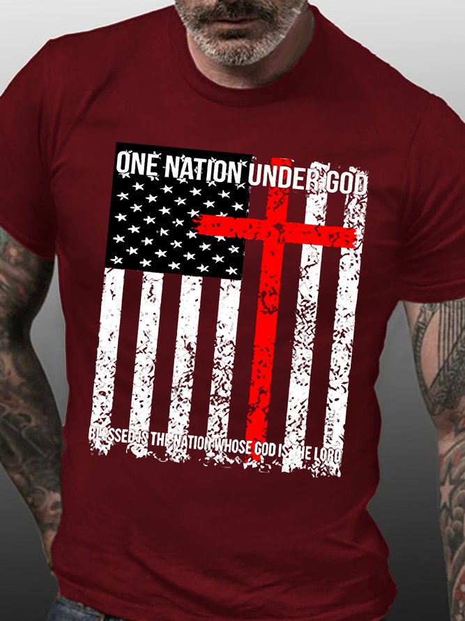 Men's One Nation Under God Bless Is The Nation Whose God Is The Loro American Flag Graphic Print Cotton Casual Text Letters T-Shirt