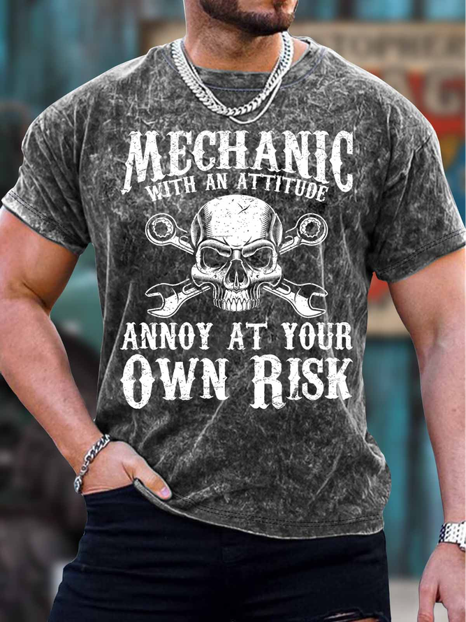 Men's Mechanic With An Attitude Annoy At Your Own Risk Funny Graphic Print Loose Skull Crew Neck Casual T-Shirt