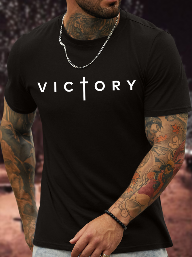Men's Victory Religious Funny Graphic Print Cotton Text Letters Casual T-Shirt