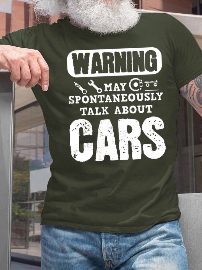Men's Warning May Spontaneously Talk About Car Funny Graphic Print Crew Neck Loose Cotton Casual T-Shirt