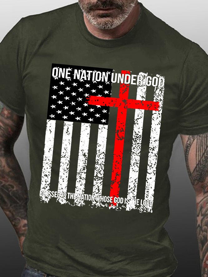 Men's One Nation Under God Bless Is The Nation Whose God Is The Loro American Flag Graphic Print Cotton Casual Text Letters T-Shirt