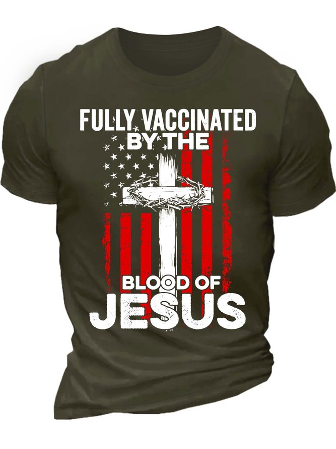 Men’s Fully Vaccinated By The Blood Of Jesus Casual Crew Neck Cotton Regular Fit T-Shirt