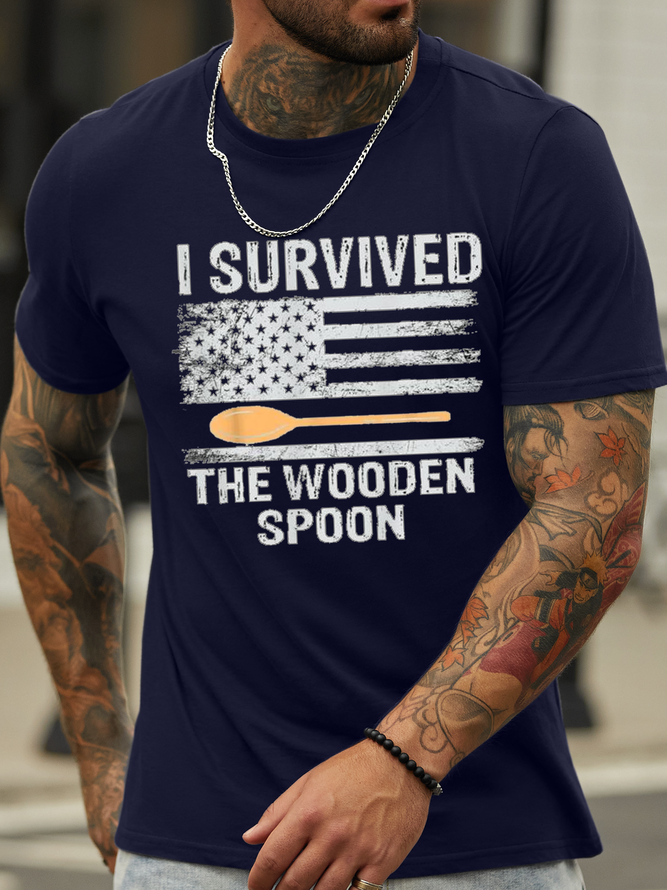 Men's Funny Proud Spoon Survivor I Survived The Wooden Spoon Casual Loose T-Shirt