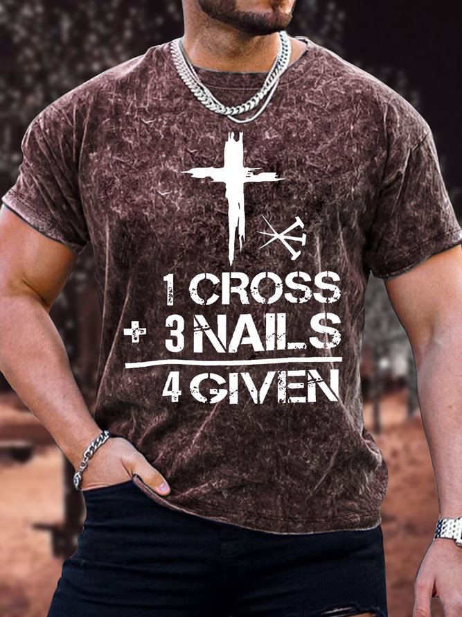 Men's 1 Cross 3 Nails 4 Given Funny Graphic Print Casual Loose Text Letters Crew Neck T-Shirt