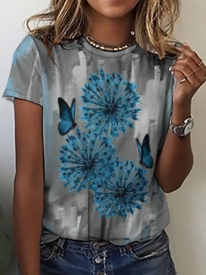 Women's Butterfly Dandelion Art Print Crew Neck Casual T-Shirt