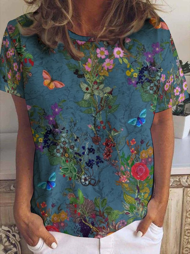 Women's Vintage Flower Art Print Crew Neck Casual T-Shirt