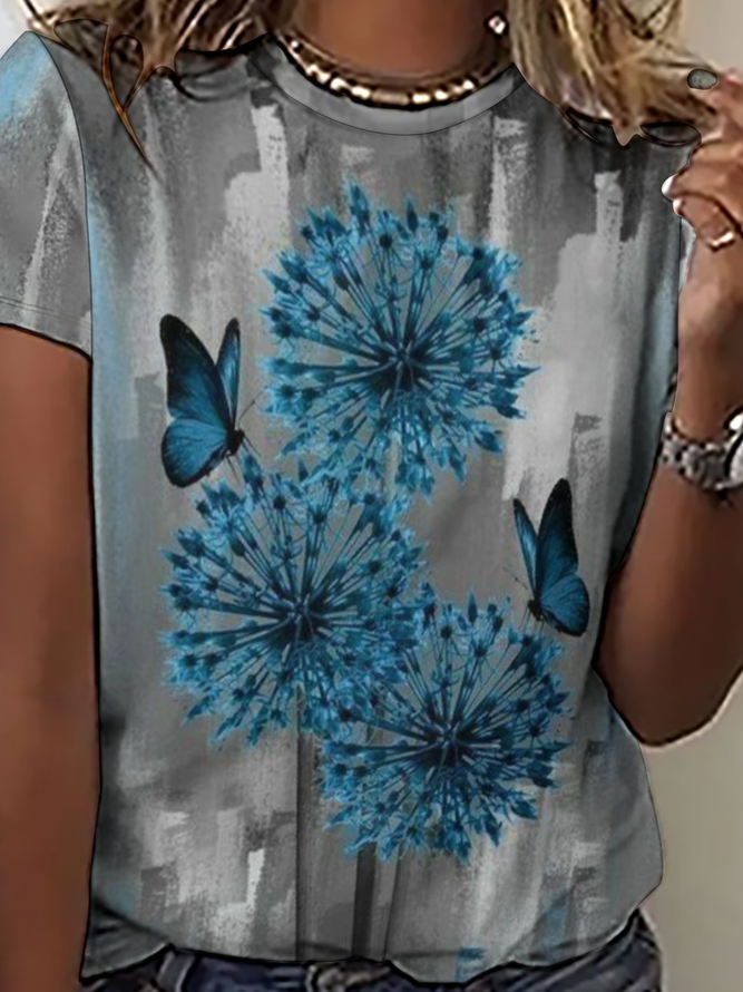 Women's Butterfly Dandelion Art Print Crew Neck Casual T-Shirt
