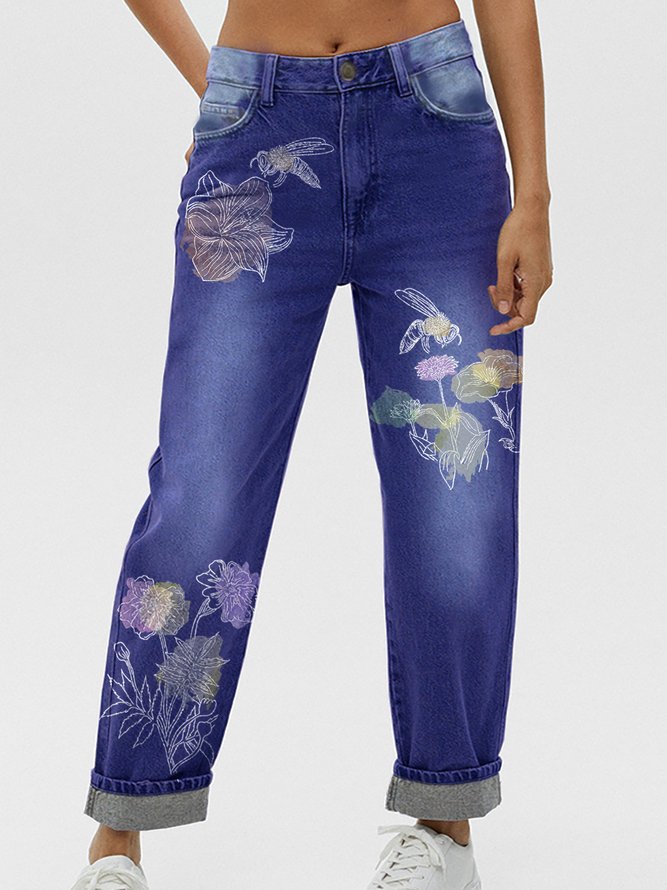 Art Floral Casual Printed Jeans