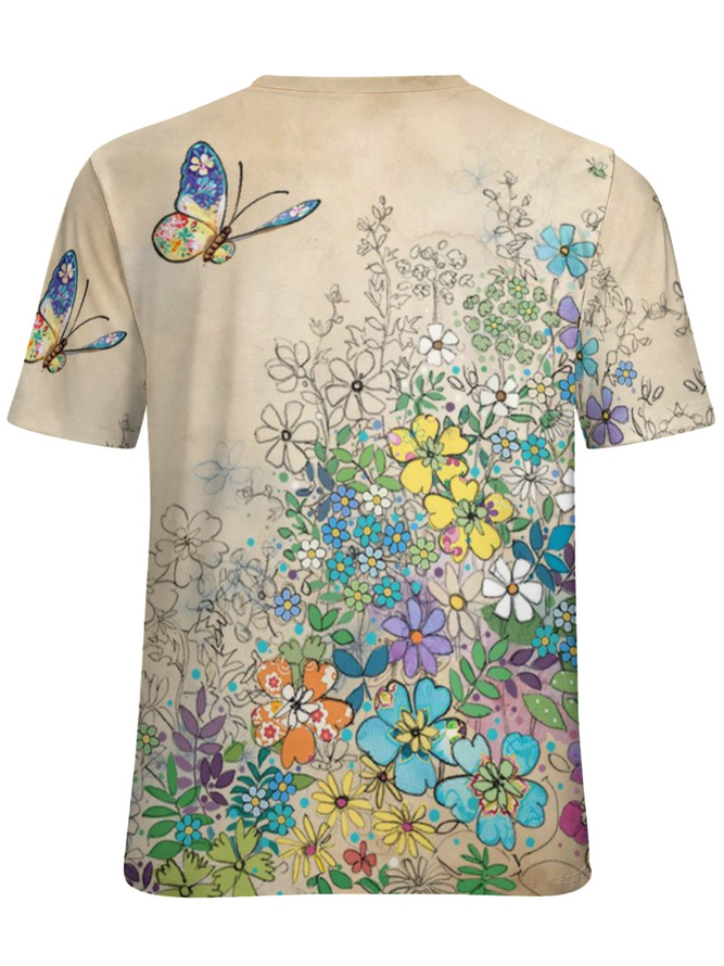 Women's Art Flower Butterfly Print Casual Crew Neck T-Shirt