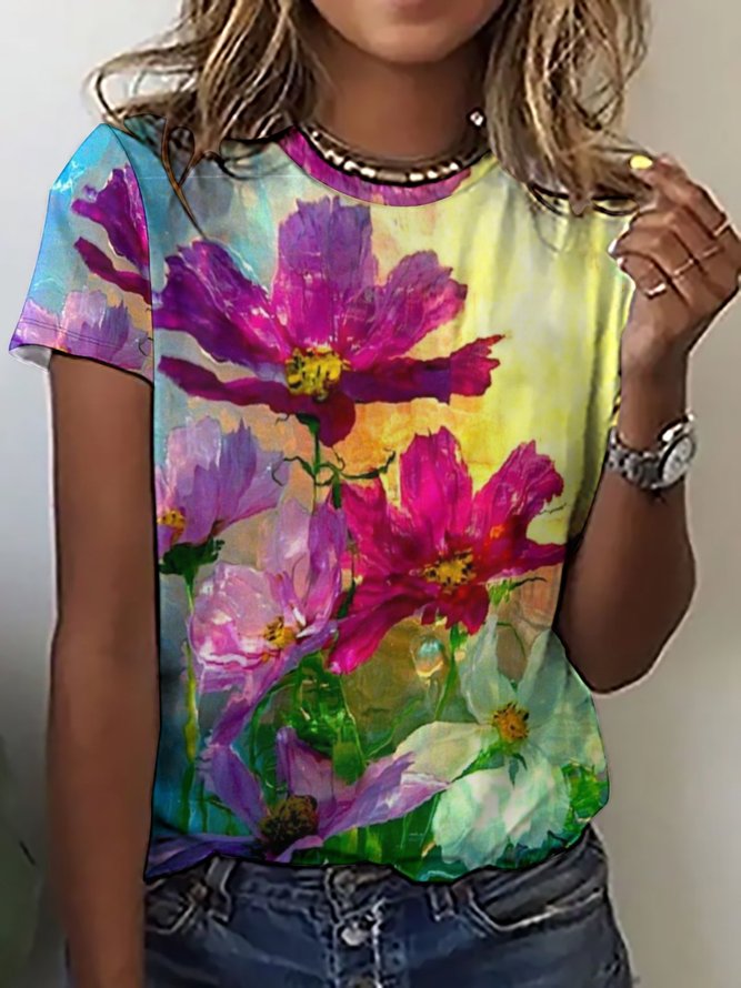 Women's Flower Art Print Crew Neck Casual T-Shirt
