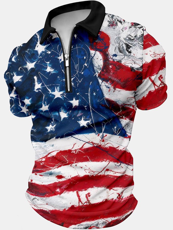 Men’s America Flag Pattern Text Letters Casual Polo Shirt