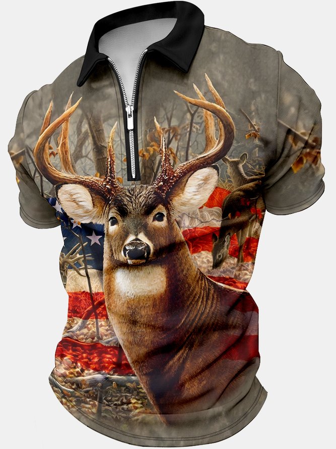 Men's Deer Funny 3D Graphic Print Regular Fit Casual America Flag Polo Shirt
