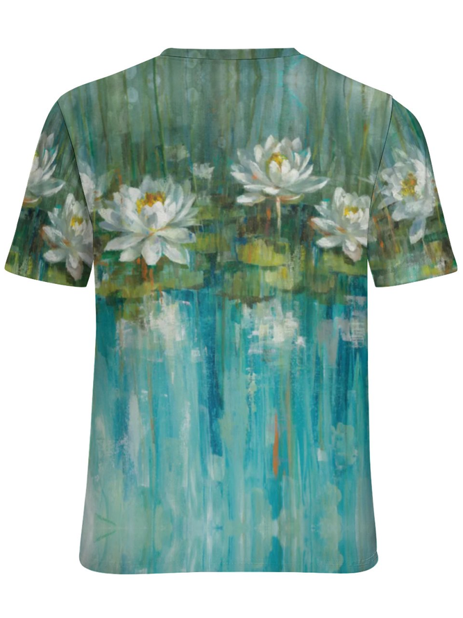 Women's Floral Water Lily Print Crew Neck Simple T-Shirt