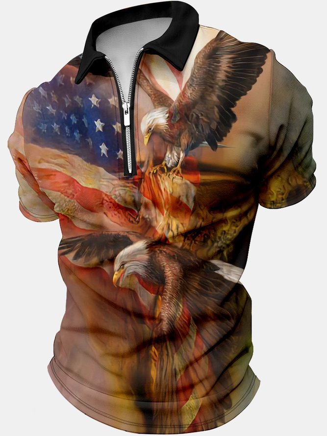 Men's America Flag Eagle Old Glory 3D Graphic Print Polo Collar Regular Fit Casual Polo Shirt