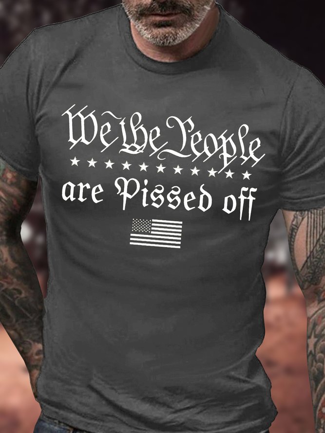 Men's We The People Are Pissed Off Funny Graphic Print Text Letters Cotton Crew Neck Casual America Flag Loose T-Shirt