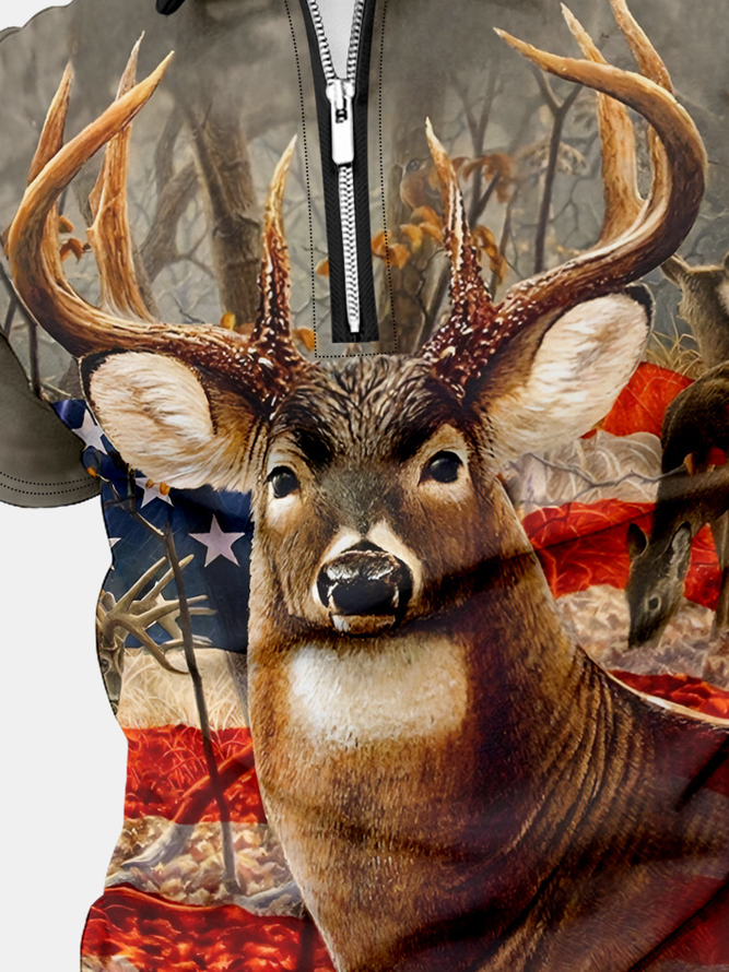 Men's Deer Funny 3D Graphic Print Regular Fit Casual America Flag Polo Shirt