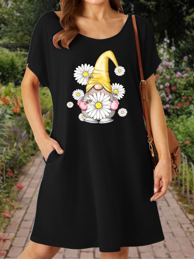 Women's Gnome Daisy Bee Print Casual Crew Neck Dress