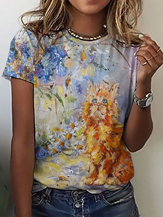 Women's Floral Cat Drawing Art Funny Print Casual Loose Plants Crew Neck T-Shirt