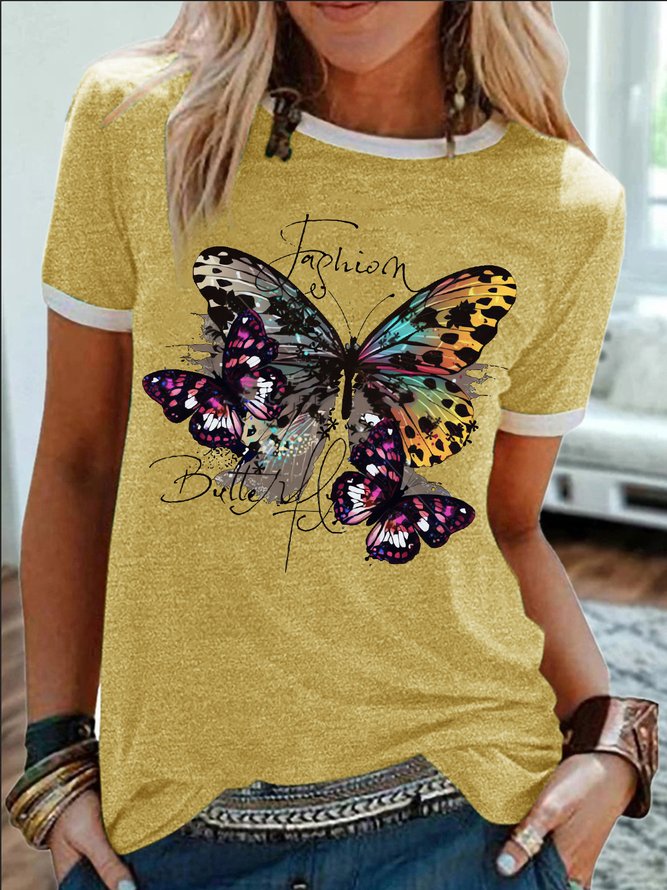 Women's Fashion Funny Graphic Printing  Crew Neck Butterfly Cotton-Blend Casual T-Shirt