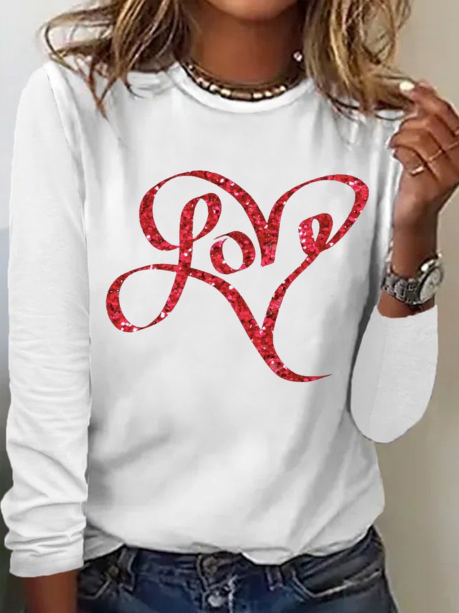 Women's Love Valentine's Day Funny Graphic Printing  Cotton-Blend Crew Neck Casual Regular Fit Top