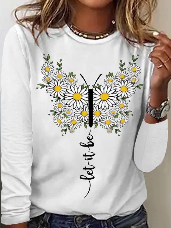 Women's Let It Be butterfly print Casual Crew Neck Top