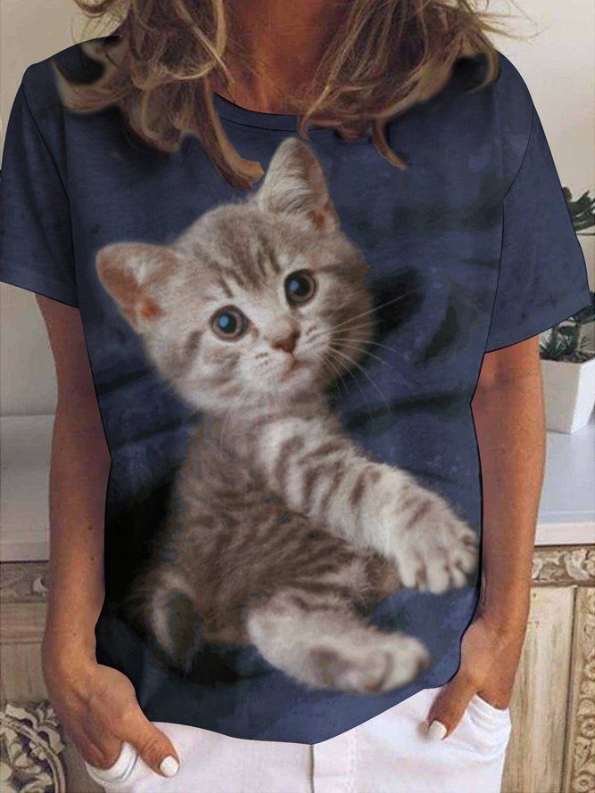 Women's Funny Cat Loose Simple Color Block Crew Neck T-Shirt