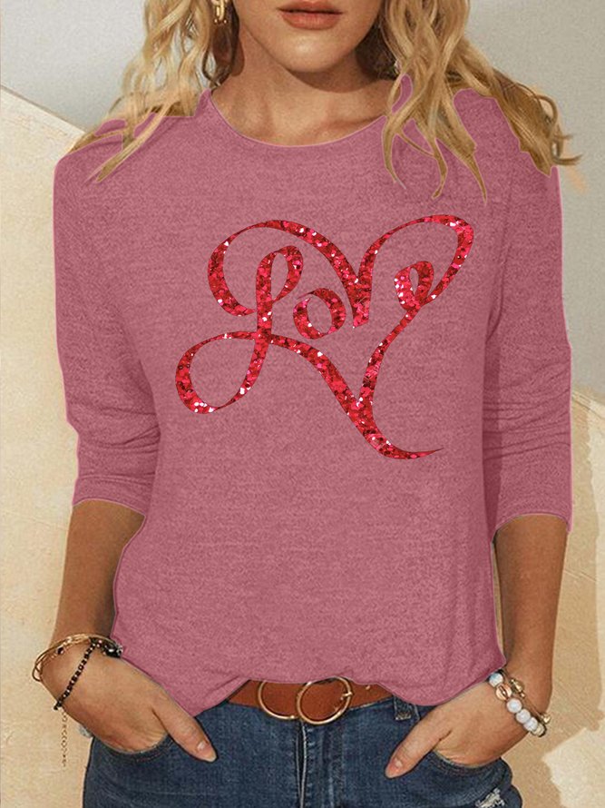 Women's Love Valentine's Day Funny Graphic Printing  Cotton-Blend Crew Neck Casual Regular Fit Top