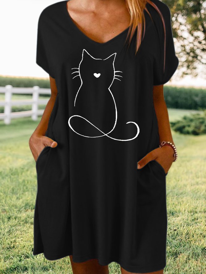 Women's Cat Print Crew Neck Casual Dress