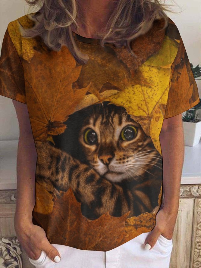 Women’s Cat Falling Leaves Pattern Casual Animal Loose T-Shirt