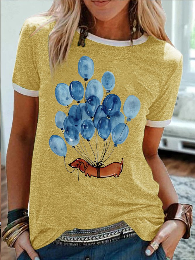 Women's Dog Balloon Watercolor Art Funny Graphic Printing Cotton-Blend Casual Text Letters T-Shirt
