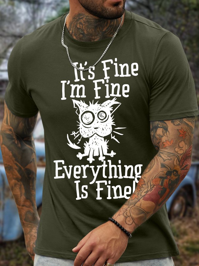 Men's It Is Fine I Am Fine Everything Is Fine Funny Dog Printing Crew Neck Text Letters Casual Cotton T-Shirt