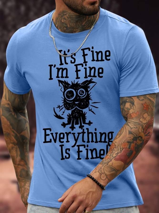 Men's It Is Fine I Am Fine Everything Is Fine Funny Dog Printing Crew Neck Text Letters Casual Cotton T-Shirt