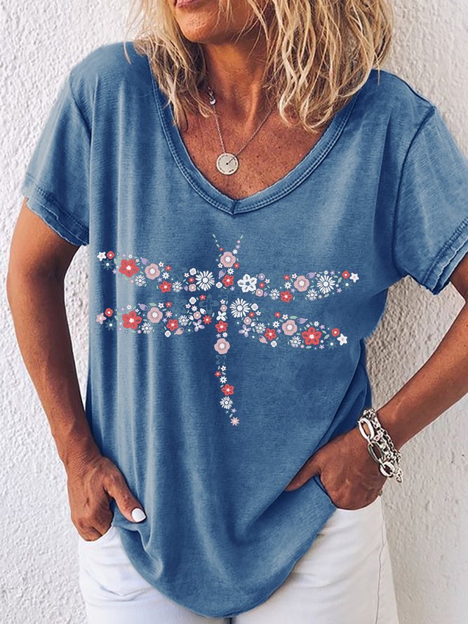 Women's Dragonfly Flower Print V Neck Casual T-Shirt