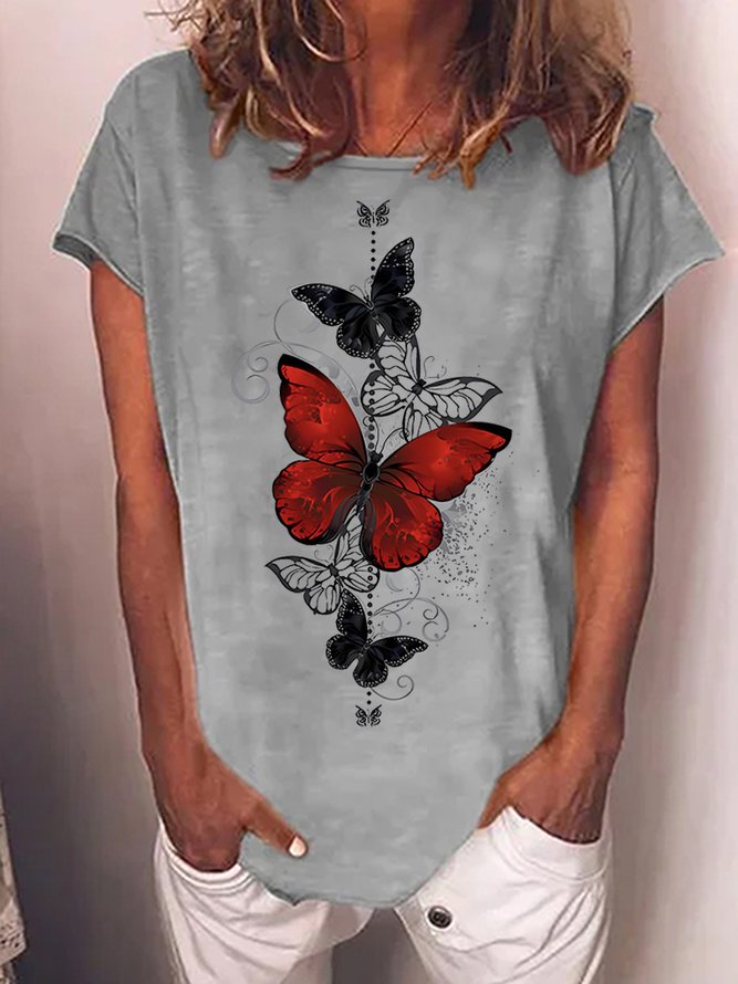 Women's Butterfly Funny Graphic Printing Crew Neck Casual Cotton Loose T-Shirt