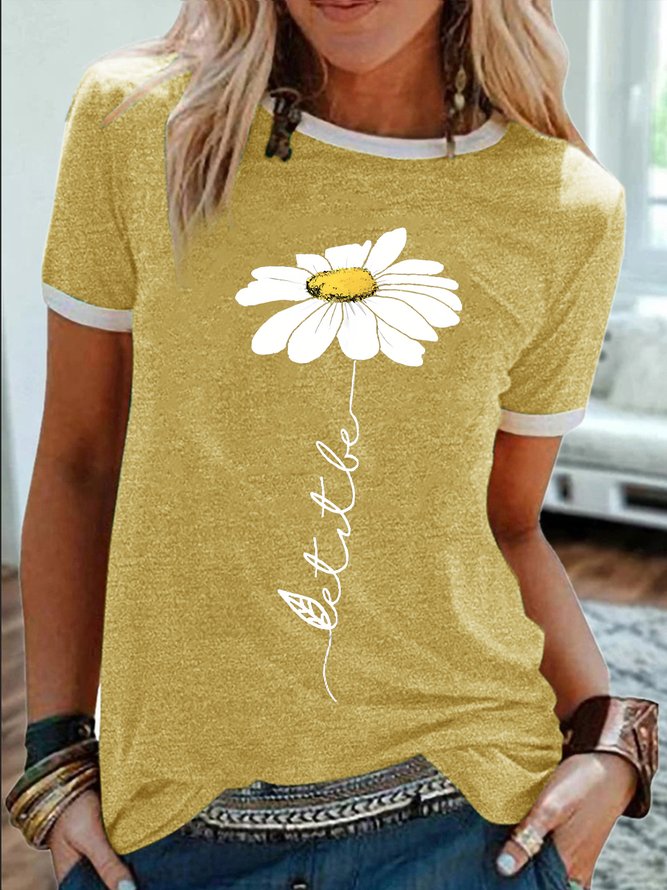 Small Daisy Sun Flower Casual Text Letters Cotton-Blend Crew Neck T-Shirt