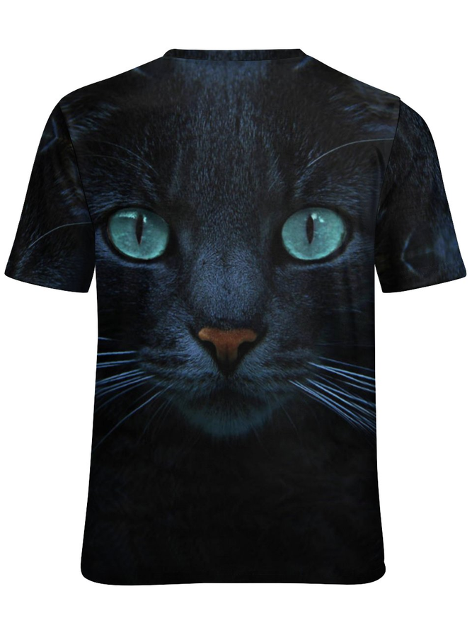 Women's Blue Cat Funny Art Print Casual Loose Crew Neck Cat T-Shirt
