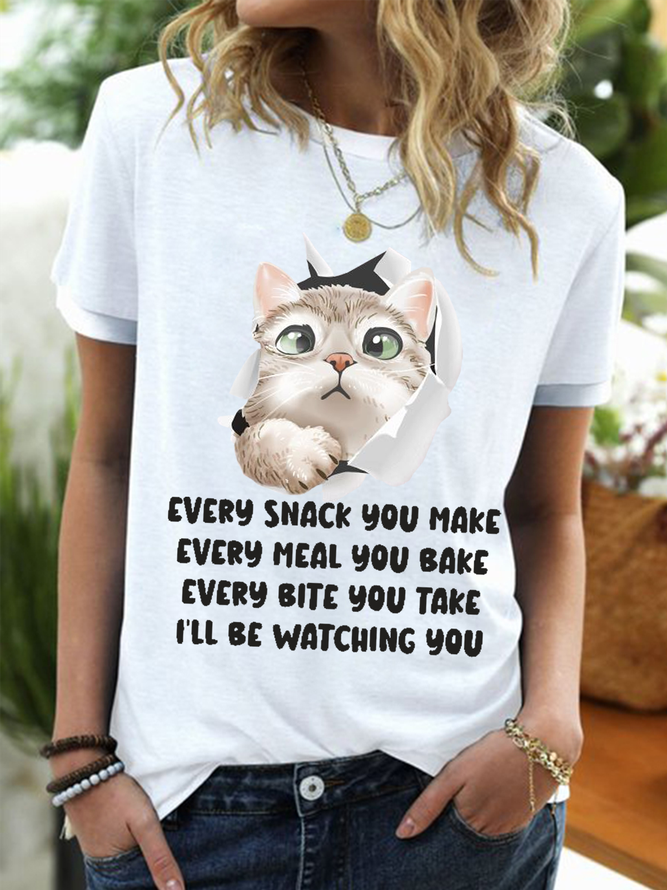 Women's Funny Word Cute Cat Every Snack You Make Regular Fit Crew Neck Animal Simple T-Shirt