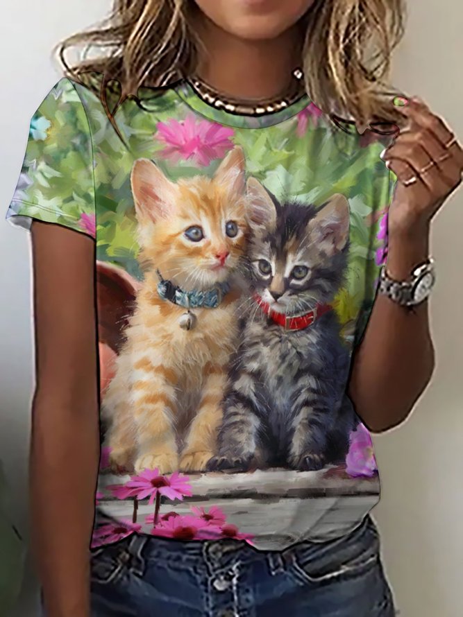 Women's Cute Orange Cat Funny Art Print Loose Casual Floral Crew Neck T-Shirt