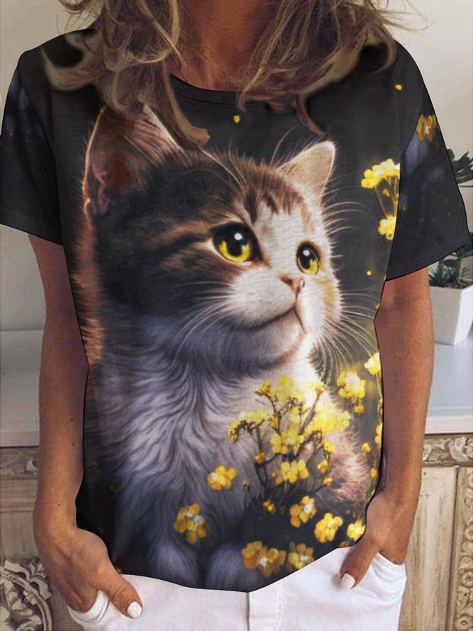Women’s Cat And Floral Pattern Cotton-Blend Crew Neck Animal Casual T-Shirt