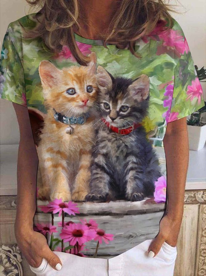 Women's Cute Orange Cat Funny Art Print Loose Casual Floral Crew Neck T-Shirt