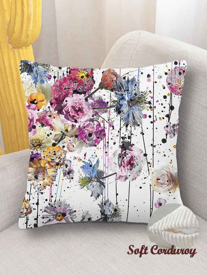 18*18 Throw Pillow Covers, Painting Floral Soft Corduroy Cushion Pillowcase Case For Living Room