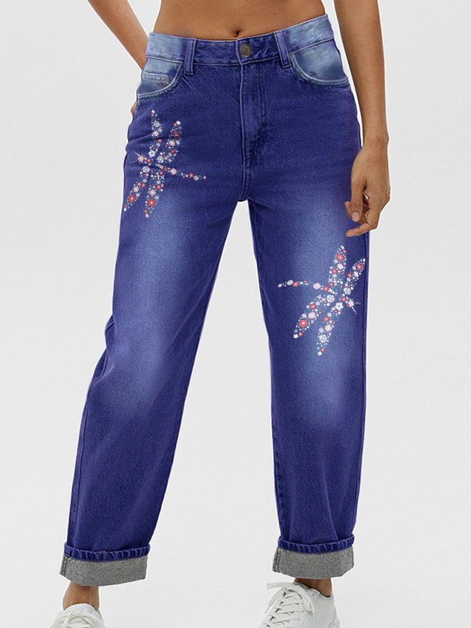Women's Dragonfly Flower Casual Loose Jeans