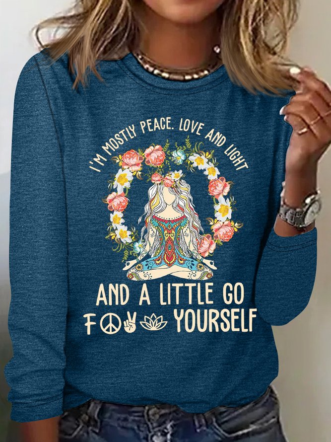 Women's Hippie Mostly Peace Casual Letters Crew Neck Shirt